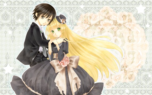 Anime picture 1440x900 with gosick studio bones victorique de blois kujou kazuya long hair short hair black hair blonde hair wide image green eyes black eyes loli couple girl dress boy bow hat mini hat mini top hat