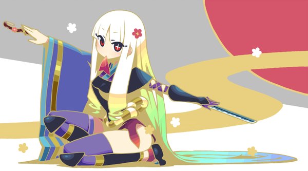 Anime picture 1440x800 with katanagatari white fox togame long hair red eyes wide image white hair girl flower (flowers) sword katana