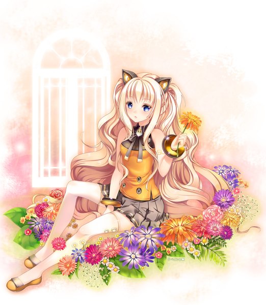 Anime picture 1400x1609 with vocaloid seeu paint musume single long hair tall image blue eyes blonde hair animal ears girl thighhighs dress skirt flower (flowers) miniskirt white thighhighs bracelet