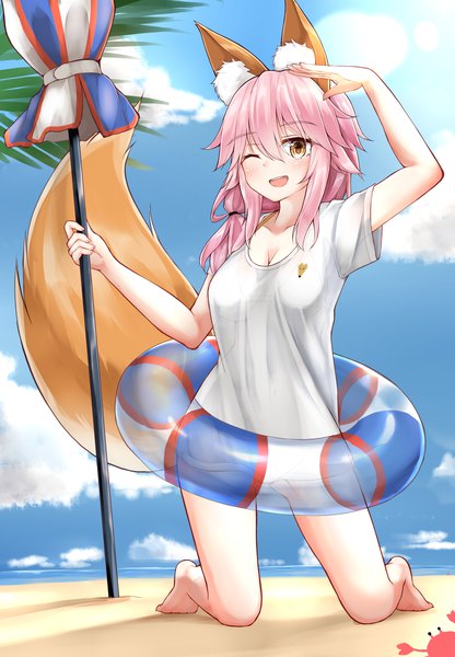 Anime picture 2500x3600 with fate (series) fate/extra tamamo (fate) (all) tamamo no mae (swimsuit lancer) (fate) moyoron single long hair tall image looking at viewer blush fringe highres light erotic hair between eyes holding brown eyes animal ears payot pink hair sky
