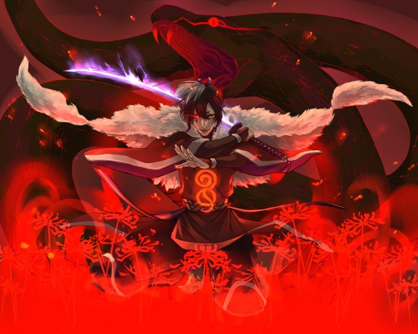 Anime picture 1280x1024 with pop'n music gijiri kotoko (pixiv 606719) single looking at viewer short hair black hair smile red eyes silver hair traditional clothes multicolored hair light smile two-tone hair glowing glowing eye (eyes) red background boy sword fingerless gloves