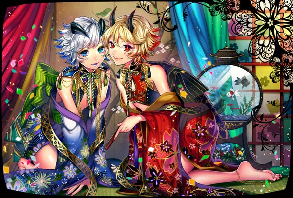 Anime picture 850x577 with original matsurika youko looking at viewer short hair blue eyes light erotic blonde hair red eyes standing bare shoulders multiple girls holding blue hair purple hair long sleeves traditional clothes multicolored hair barefoot wide sleeves two-tone hair