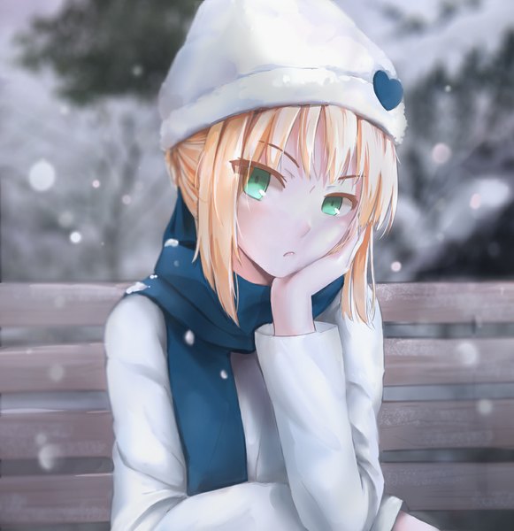 Anime picture 1024x1057 with fate (series) fate/stay night type-moon artoria pendragon (all) saber magicians (zhkahogigzkh) single tall image looking at viewer short hair blue eyes blonde hair portrait snowing winter chin rest girl scarf coat cap