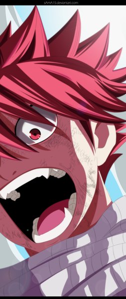 Anime picture 589x1392 with fairy tail natsu dragneel sama15 single tall image short hair open mouth pink hair sky cloud (clouds) pink eyes coloring close-up angry screaming boy scarf