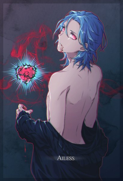Anime picture 611x893 with uta no prince-sama a-1 pictures mikaze ai hi no single long hair tall image looking at viewer light erotic pink eyes looking back aqua hair grey background open shirt turning head back undressing partial nude blood on face vampire