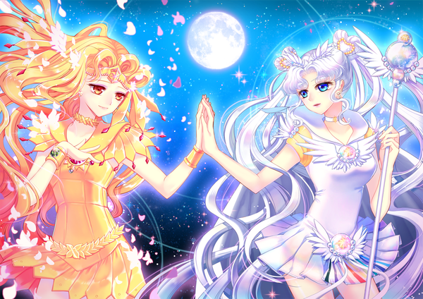 Anime picture 1169x827 with bishoujo senshi sailor moon toei animation sailor cosmos sailor galaxia micpaca02 blue eyes blonde hair red eyes twintails multiple girls white hair very long hair wavy hair girl dress hair ornament 2 girls petals bracelet moon
