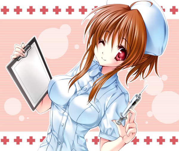 Anime picture 1280x1080 with yukiwo single long hair looking at viewer breasts smile red eyes brown hair large breasts holding payot ahoge one eye closed arm up nurse girl uniform cross nurse cap syringe