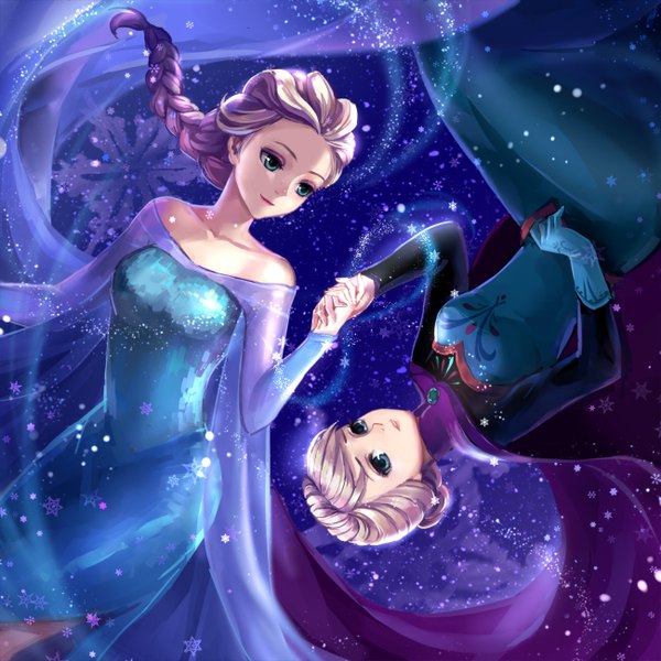 Anime picture 1300x1300 with frozen (disney) disney elsa (frozen) monogo long hair blue eyes blonde hair bare shoulders multiple girls braid (braids) holding hands dark background dual persona girl dress 2 girls snowflake (snowflakes)