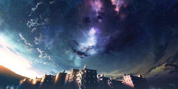 Anime picture 1100x555 with original mocha (cotton) wide image signed sky cloud (clouds) sunlight inscription mountain no people landscape scenic building (buildings) star (stars)