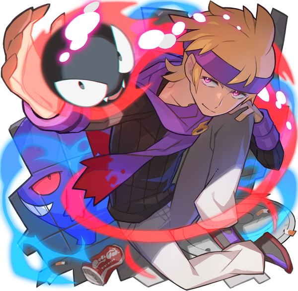 Anime picture 1025x1000 with pokemon pokemon heartgold and soulsilver nintendo gastly gengar morty (pokemon) saitou naoki single short hair blonde hair sitting looking away bent knee (knees) pink eyes from above outstretched arm gen 1 pokemon boy hairband scarf