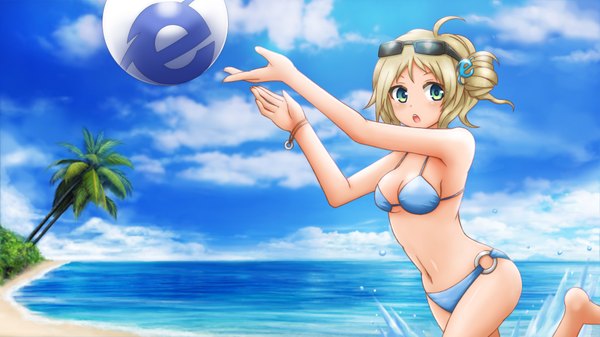 Anime picture 7680x4320 with os-tan internet explorer aizawa inori ricky ka pang single blush highres short hair breasts open mouth blue eyes light erotic blonde hair wide image absurdres sky cloud (clouds) beach girl navel