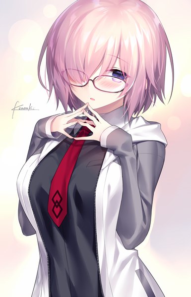 Anime picture 650x1012 with fate (series) fate/grand order mash kyrielight kousaki rui single tall image looking at viewer blush fringe short hair breasts large breasts standing purple eyes signed pink hair parted lips hair over one eye fingers together girl