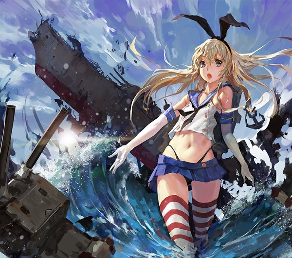 Anime picture 1000x884 with kantai collection shimakaze destroyer rensouhou-chan cancer (zjcconan) long hair looking at viewer light erotic blonde hair bare belly grey eyes zettai ryouiki :< girl thighhighs skirt gloves navel hair ornament underwear panties
