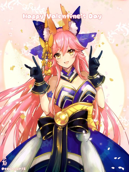 Anime picture 678x903 with fate (series) fate/grand order tamamo (fate) (all) tamamo no mae (fate) shutsuri single long hair tall image looking at viewer fringe breasts open mouth smile hair between eyes signed animal ears yellow eyes pink hair cleavage traditional clothes