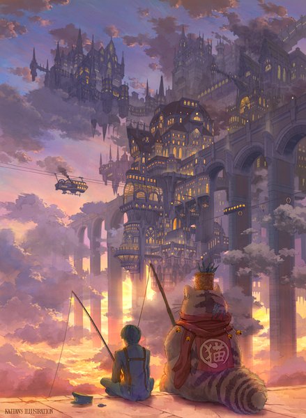 Anime picture 659x900 with original kaitan tall image short hair black hair sitting signed sky cloud (clouds) tail animal tail from behind city hieroglyph evening sunset fantasy city lights headwear removed fishing