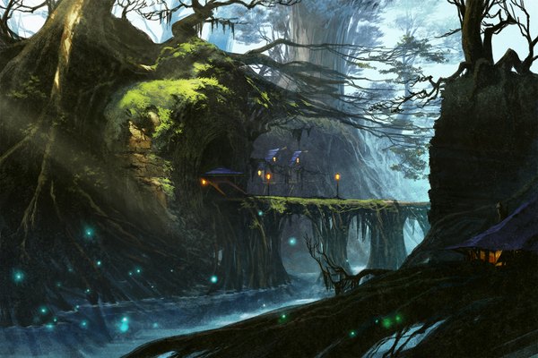 Anime picture 1028x686 with original mocha (cotton) sunlight no people scenic river plant (plants) tree (trees) insect forest lamp house bridge fireflies