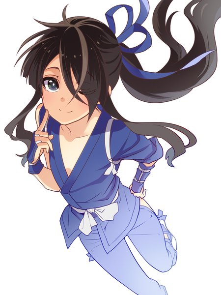 Anime picture 700x933 with drifters nasu no yoichi fujiwara riyu single long hair tall image looking at viewer blush fringe black hair simple background smile white background bent knee (knees) ponytail one eye closed wink black eyes hair over one eye hand on hip