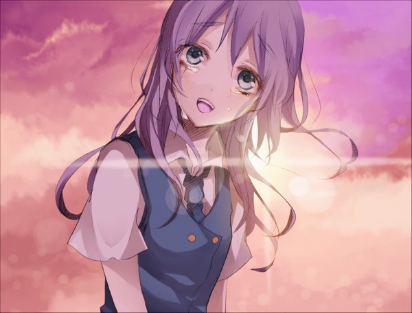 Anime picture 2500x1900 with koko (artist) highres open mouth purple hair cloud (clouds) sunlight tears girl serafuku