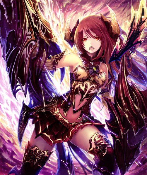 Anime picture 3659x4373 with shingeki no bahamut belial (shingeki no bahamut) tachikawa mushimaro (bimo) single long hair tall image highres open mouth brown eyes absurdres red hair horn (horns) scan girl thighhighs dress weapon