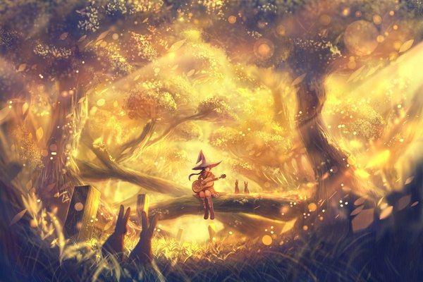 Anime picture 1800x1200 with original bounin single long hair highres sitting holding sunlight sunbeam yellow background girl plant (plants) hat tree (trees) grass branch forest
