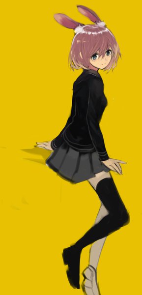 Anime picture 578x1200 with original tarbo (exxxpiation) single tall image fringe short hair blue eyes simple background hair between eyes animal ears looking away pink hair full body long sleeves pleated skirt light smile zettai ryouiki bunny girl yellow background girl