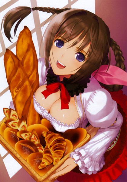 Anime picture 3082x4401 with shining (series) shining hearts neris filiam tony taka single long hair tall image looking at viewer highres breasts open mouth light erotic smile brown hair purple eyes absurdres braid (braids) from above scan girl