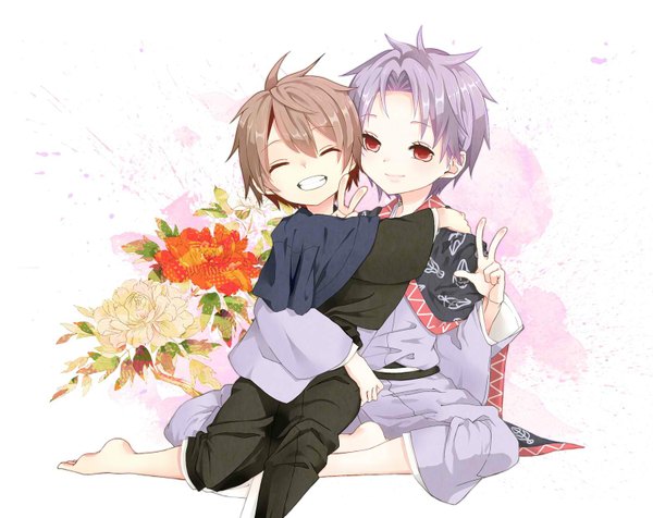 Anime picture 1570x1247 with nurarihyon no mago nura rikuo zen (nurarihyon no mago) short hair smile red eyes brown hair white background purple hair eyes closed traditional clothes light smile multiple boys boy flower (flowers) 2 boys child (children)