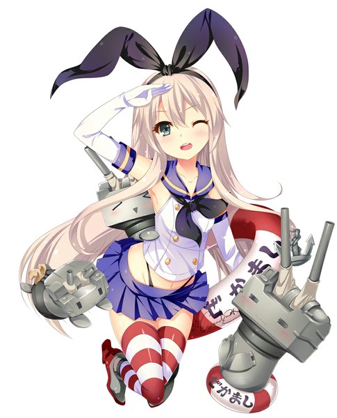 Anime picture 808x1000 with kantai collection shimakaze destroyer rensouhou-chan grandia bing long hair tall image looking at viewer blush simple background blonde hair white background one eye closed wink grey eyes zettai ryouiki jumping :3 salute > < = =