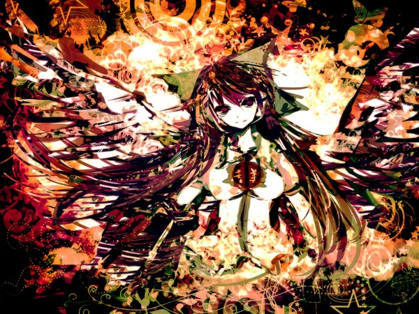 Anime picture 2000x1500 with touhou reiuji utsuho meola single long hair fringe highres smile red eyes purple hair arm cannon girl hair ornament bow wings