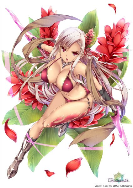 Anime picture 848x1200 with flower knight girl red ginger (flower knight girl) moneti (daifuku) single long hair tall image looking at viewer breasts open mouth light erotic red eyes large breasts bare shoulders bent knee (knees) white hair hair flower from above bare belly spread arms object namesake