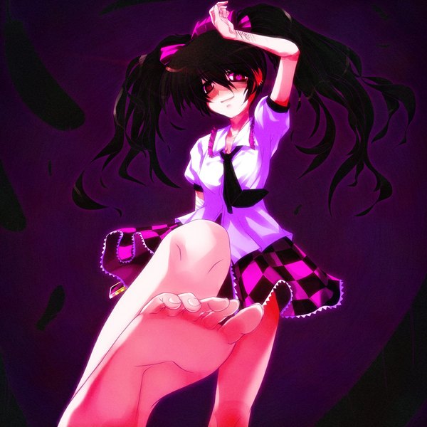 Anime picture 1000x1000 with touhou himekaidou hatate long hair looking at viewer blush black hair smile twintails pink eyes hand on head checkered skirt yandere girl skirt uniform school uniform necktie