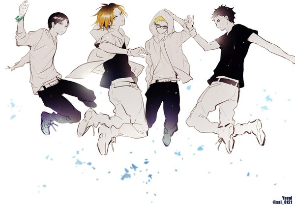 Anime picture 1404x992 with haikyuu!! production i.g tsukishima kei kozume kenma akaashi keiji kunimi akira yasai (getsu) looking at viewer short hair black hair simple background blonde hair white background looking back open clothes open jacket multiple boys outstretched arm arm behind head hand in pocket