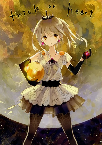 Anime picture 2096x2990 with original tiv single long hair tall image highres blonde hair yellow eyes scan inscription halloween trick or treat girl dress gloves earrings elbow gloves vegetables jack-o'-lantern pumpkin