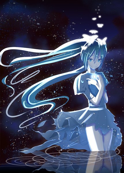 Anime picture 800x1115 with vocaloid hatsune miku iwanishi single tall image looking at viewer blush blue eyes twintails very long hair aqua hair night night sky hand on chest reflection weightlessness sad girl dress hair ornament