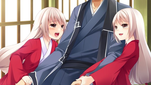 Anime picture 1280x720 with sengoku hime long hair open mouth wide image multiple girls brown eyes game cg white hair twins girl 2 girls