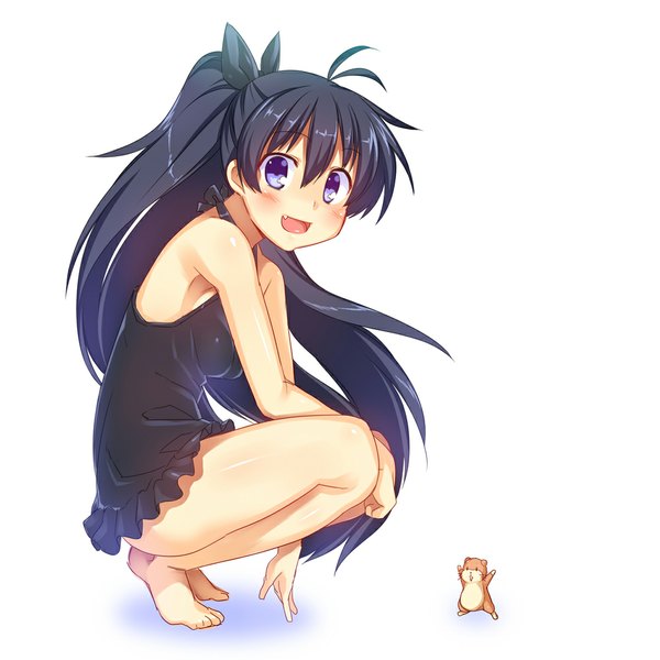 Anime picture 1000x1000 with idolmaster ganaha hibiki hamuzou racer (magnet) single long hair looking at viewer blush open mouth blue eyes black hair simple background white background ponytail barefoot bare legs girl dress bow hair bow
