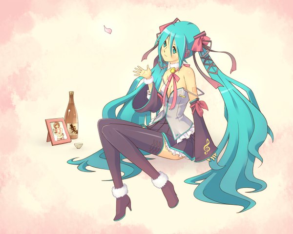 Anime picture 1280x1024 with vocaloid hatsune miku single long hair bare shoulders very long hair aqua eyes aqua hair portrait pink background girl thighhighs skirt bow hair bow petals headphones thigh boots alcohol sake