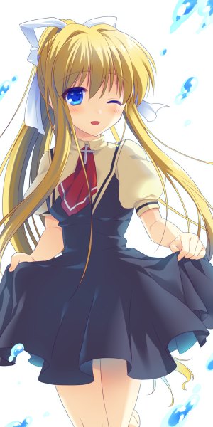 Anime picture 600x1200 with air key (studio) kamio misuzu fuyuichi (artist) single long hair tall image looking at viewer blush blue eyes blonde hair simple background white background ponytail one eye closed wink girl dress ribbon (ribbons) hair ribbon