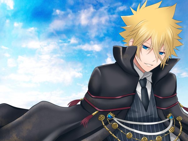 Anime picture 1600x1200 with katekyou hitman reborn vongola primo giotto tagme (artist) single short hair blue eyes blonde hair cloud (clouds) necktie cloak
