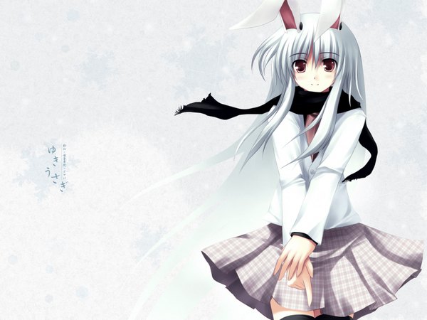 Anime picture 1600x1200 with touhou reisen udongein inaba tateha (marvelous grace) single long hair looking at viewer red eyes white background white hair long sleeves pleated skirt light smile wind bunny ears plaid skirt bunny girl winter alternate hair color finger gun girl