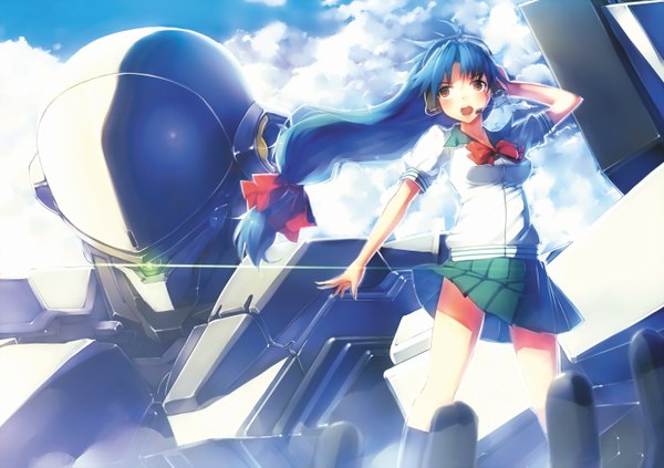 Anime picture 1416x1000 with full metal panic! gonzo chidori kaname siqi (miharuu) single long hair blush open mouth brown eyes blue hair looking away sky cloud (clouds) wind low ponytail girl skirt uniform bow hair bow