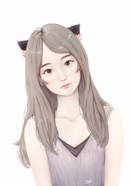 Anime picture 2480x3508 with original hana (jubi) jubi (regiana) single long hair tall image looking at viewer highres simple background white background brown eyes signed animal ears upper body head tilt lips grey hair cat ears lipstick alternate hairstyle