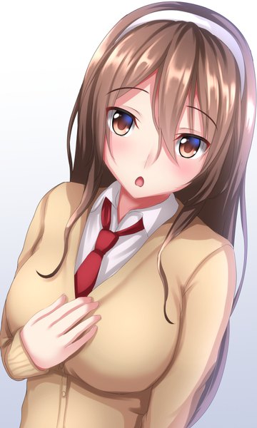 Anime picture 600x1000 with kantai collection ashigara heavy cruiser tapisuke single long hair tall image looking at viewer blush fringe open mouth simple background hair between eyes brown hair brown eyes upper body hand on chest girl necktie headband cardigan