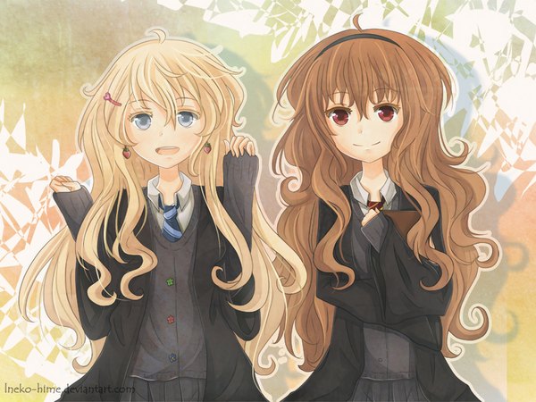Anime picture 1024x768 with harry potter hermione granger luna lovegood lneko-hime long hair looking at viewer open mouth blue eyes blonde hair smile red eyes brown hair multiple girls inscription girl uniform hair ornament 2 girls school uniform earrings