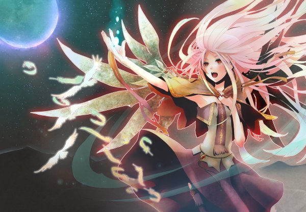 Anime picture 1200x831 with vocaloid megurine luka plastick single long hair open mouth red eyes pink hair sky girl dress ribbon (ribbons) animal wings bird (birds) moon star (stars) feather (feathers)