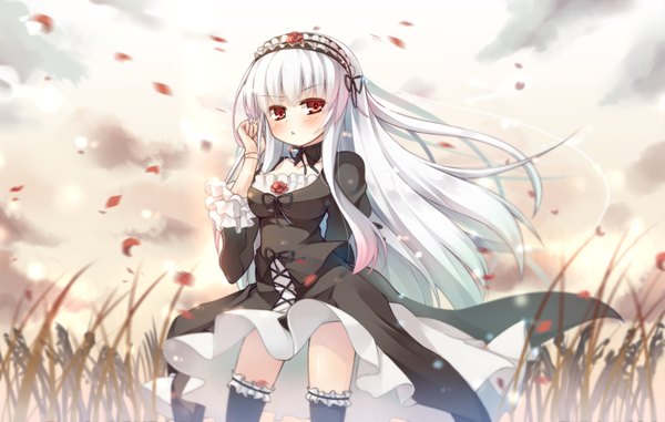 Anime picture 1500x953 with rozen maiden suigintou asa (swallowtail) long hair looking at viewer blush red eyes white hair wind loli lolita fashion doll joints girl thighhighs dress ribbon (ribbons) black thighhighs plant (plants) petals frills