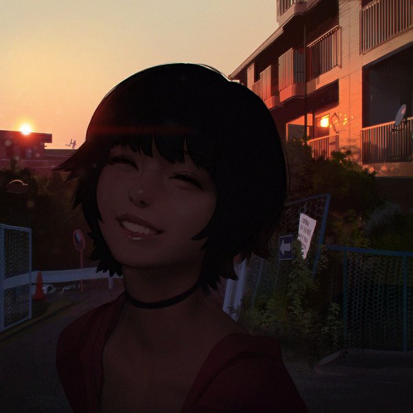 Anime picture 900x900 with original ilya kuvshinov single fringe short hair brown hair sky outdoors eyes closed sunlight realistic evening happy sunset clenched teeth street laughing twilight girl choker