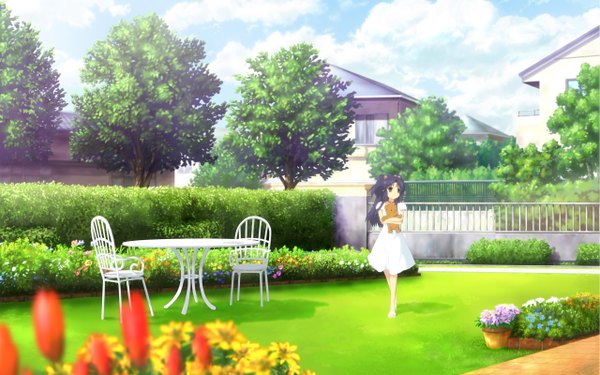 Anime picture 2560x1600 with clannad key (studio) ichinose kotomi long hair highres wide image twintails purple hair black eyes girl dress hair ornament flower (flowers) plant (plants) tree (trees) white dress hairclip pendant grass chair