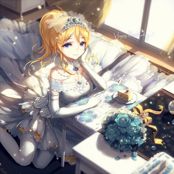 Anime picture 1111x1111 with love live! school idol project sunrise (studio) love live! ayase eli kieta single long hair looking at viewer breasts blue eyes blonde hair smile large breasts sitting ponytail indoors arm support depth of field happy birthday yokozuwari