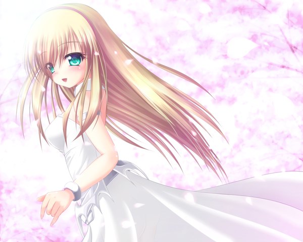 Anime picture 1650x1320 with original yayayoruyoru single long hair blush open mouth blonde hair green eyes girl dress petals bracelet hairband